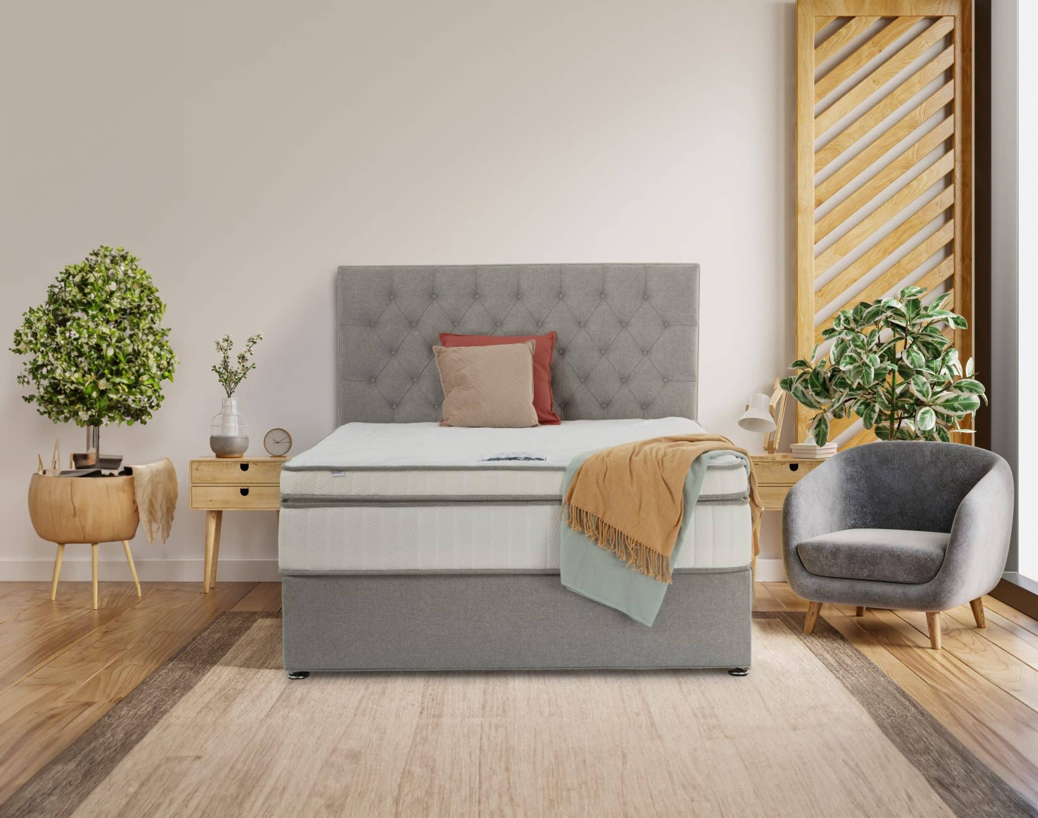 Interior bedroom wall mockup in farmhouse style with armchair.