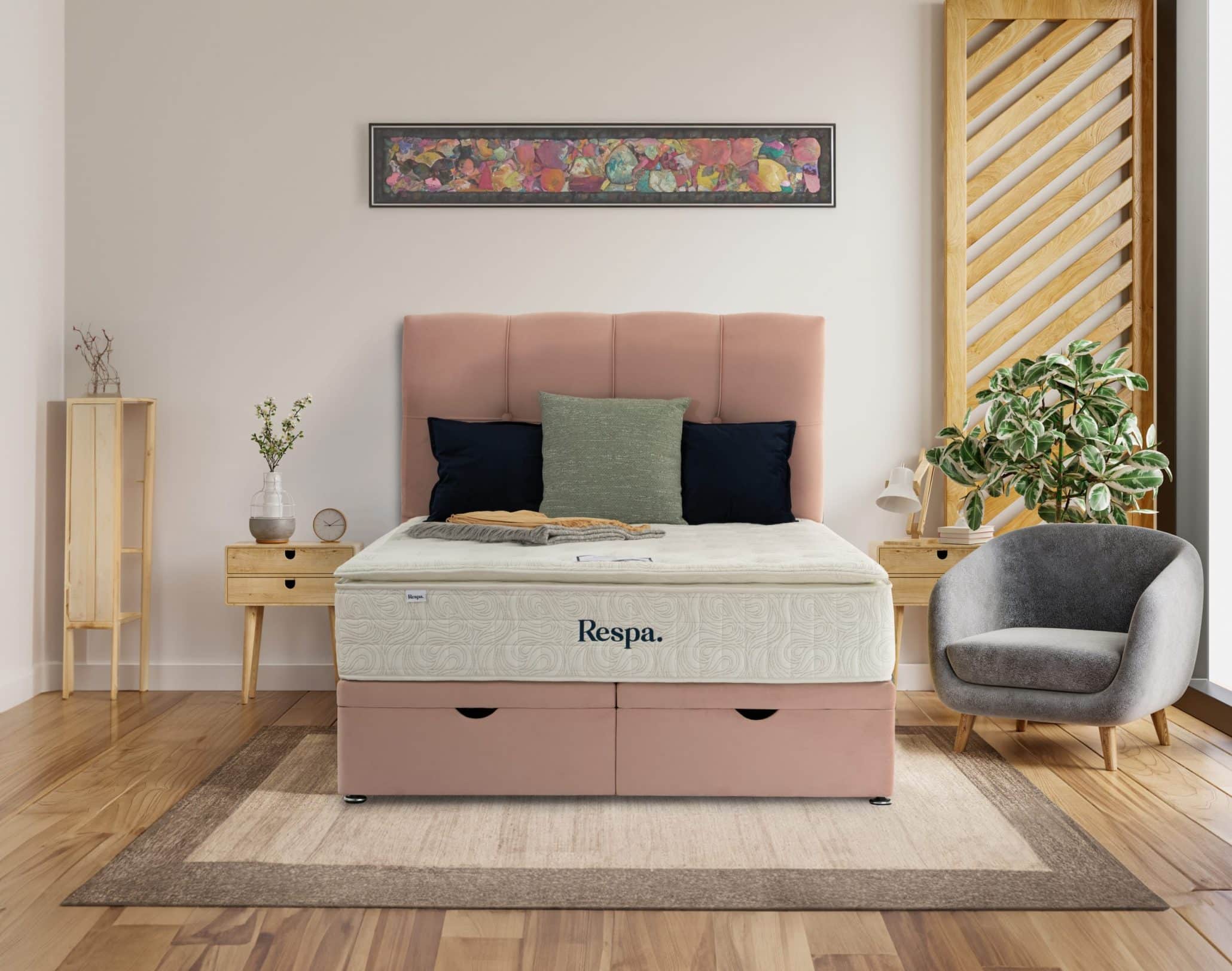 Interior bedroom wall mockup in farmhouse style with armchair.