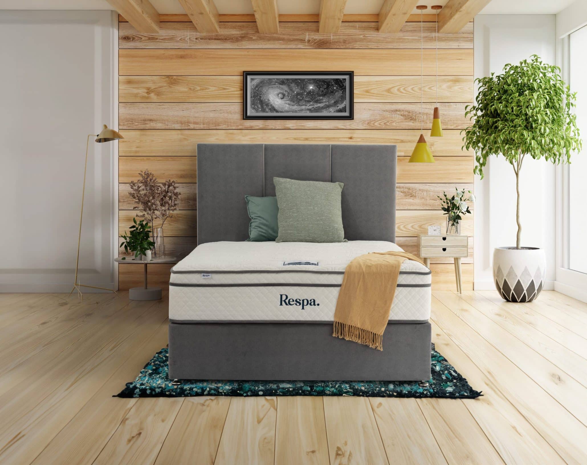 Bedroom interior mockup with gray bed on empty wooden wall backg